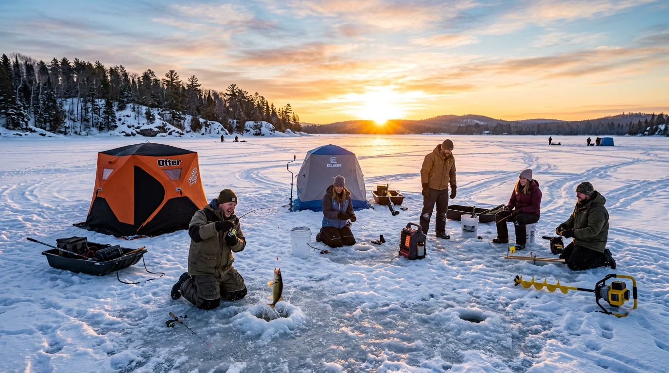 IceFishPro team ice fishing on frozen Great Lakes lake at sunrise