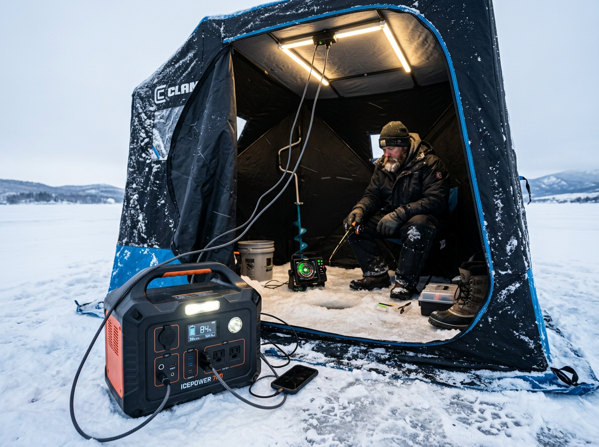Portable power station and LED lighting for ice fishing shelter