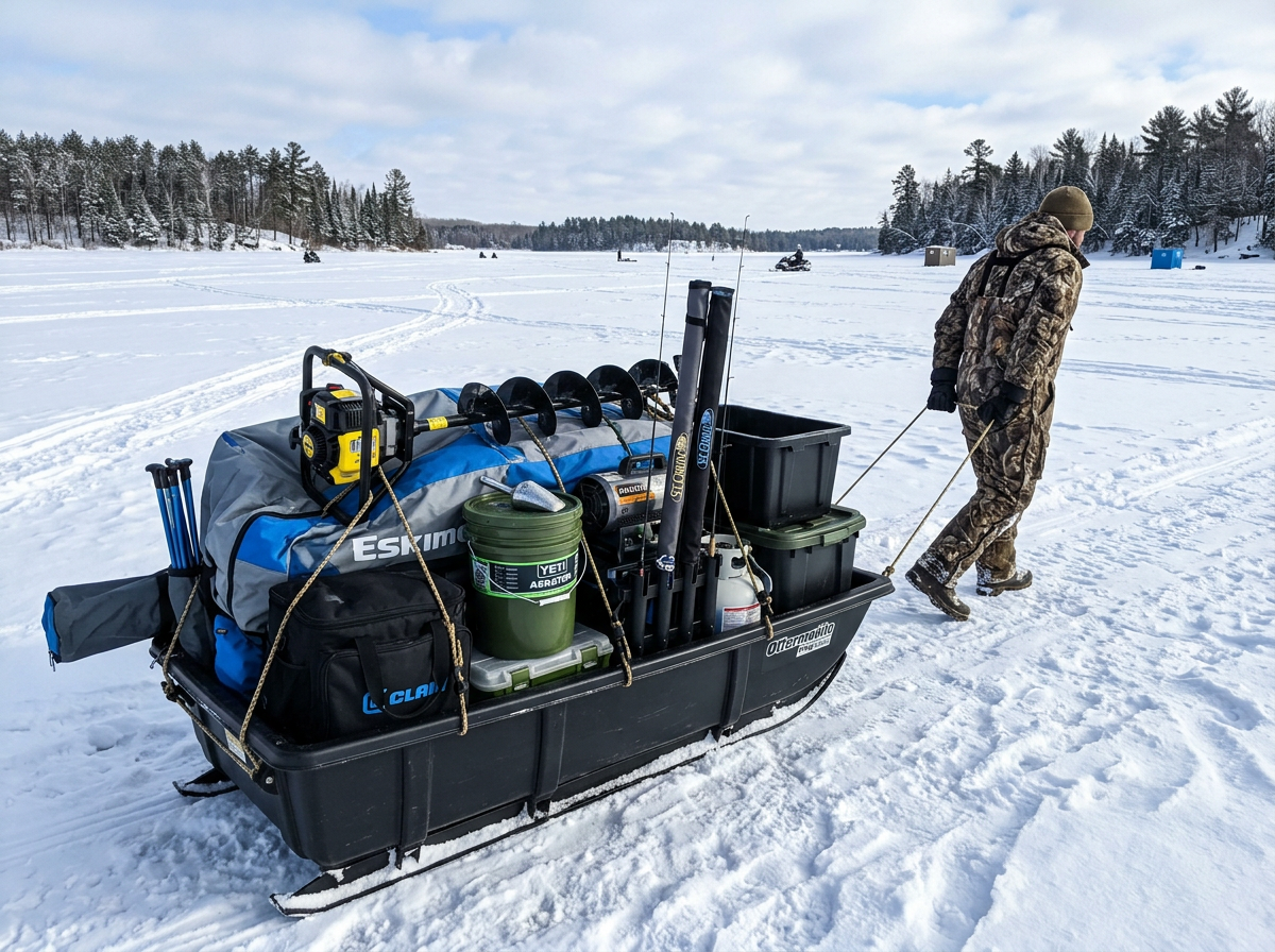 Heavy duty ice fishing sled transport system with gear